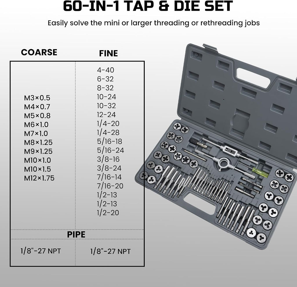Anfrere 60pcs SAE & Metric Tap and Die Set, Essential Repair Tool Kit