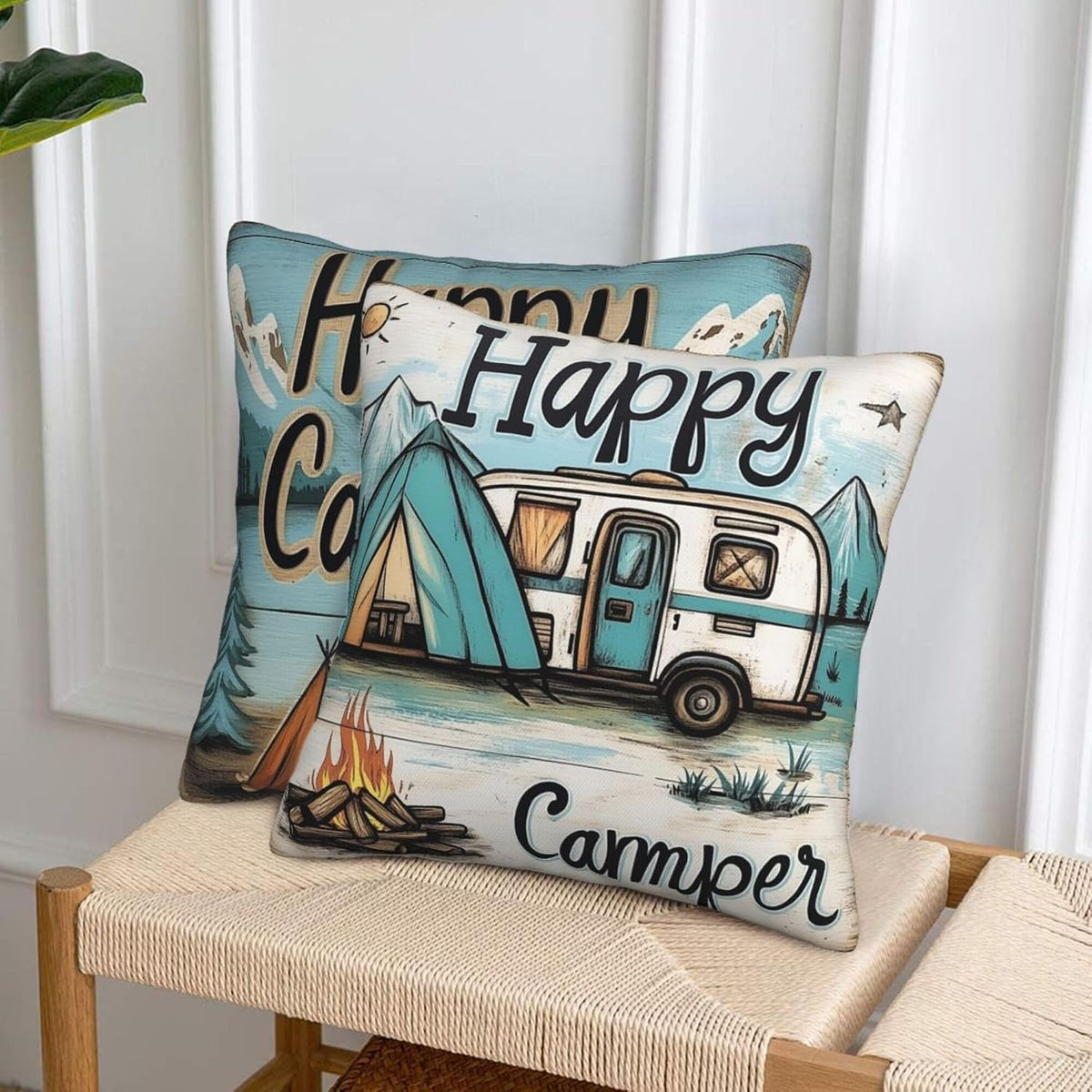Happy Camping Throw Pillow Covers 18x18 inch Set of 2 Pillow Case Cushion Cover for Home Sofa Couch Living Room Car Decor