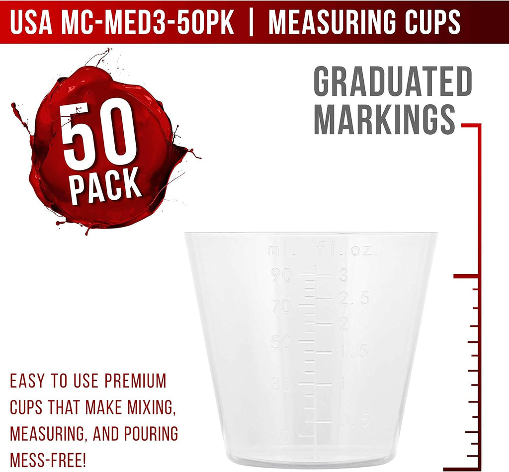 Pouring Masters 3 Oz (90 ml) Liquid Measuring Cups, 50 Pack with 25 Sticks