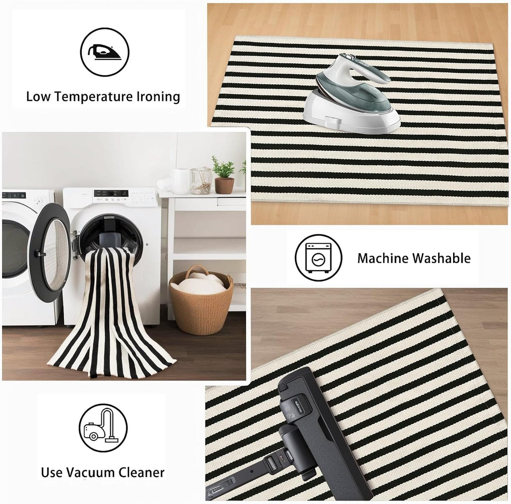 Fall Front Door Mat 2'x4.3', Cotton Washable Striped Outdoor Rug