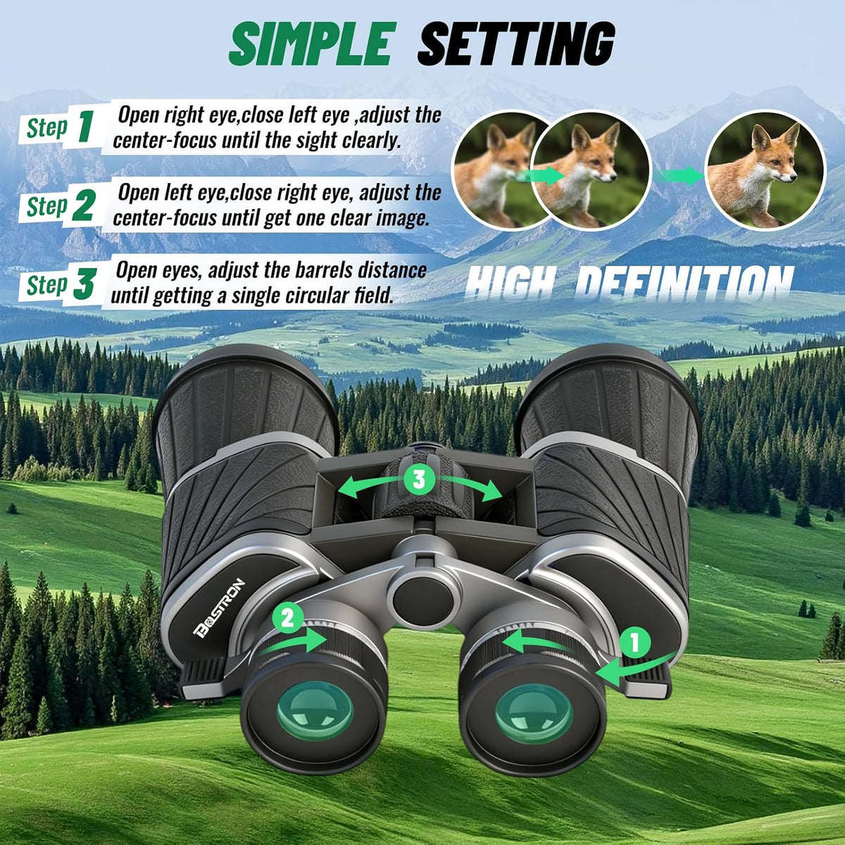 10x50 Binoculars with Independent Eyepiece Adjustment for Outdoor