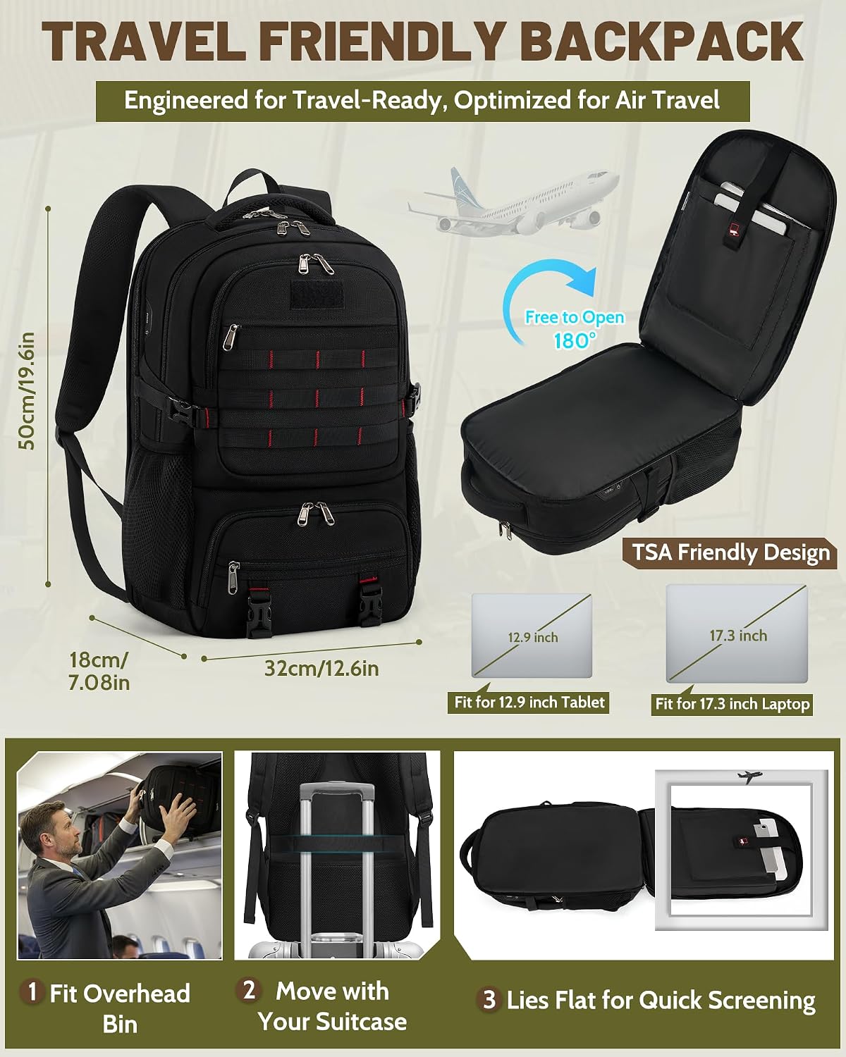 RAINSMORE Laptop Backpack with Lunch Compartment,40L Large Capacity Lunch Backpack for Men Work Backpack with USB Post Insulated Cooler Backpack for Work, Travel, Picnic, Black