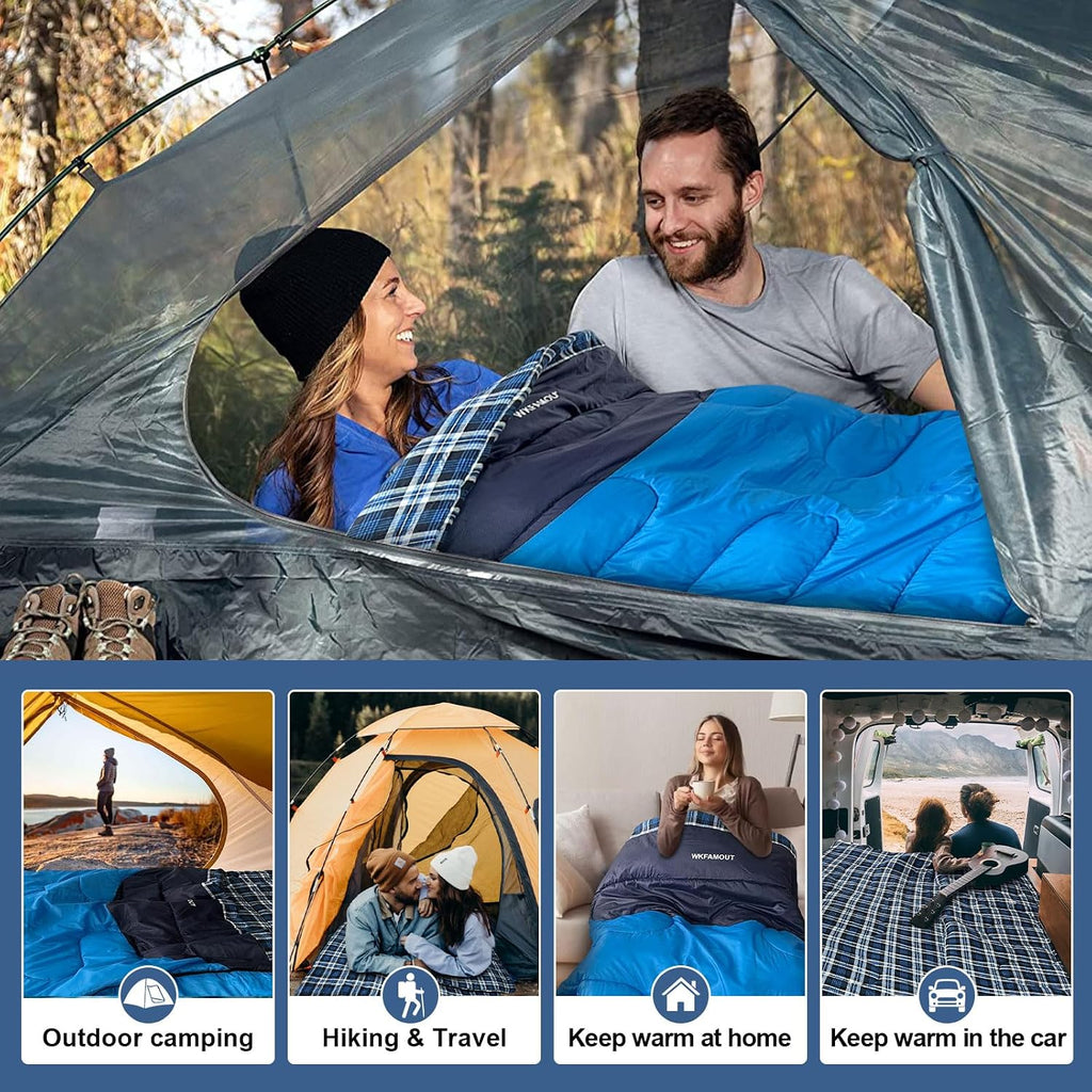 Double Sleeping Bag for Adults Machine Washable 2 Person Camping Sleeping Bag Queen Size Waterproof with Compression Sack for Cold Weather 3-4 Seasons