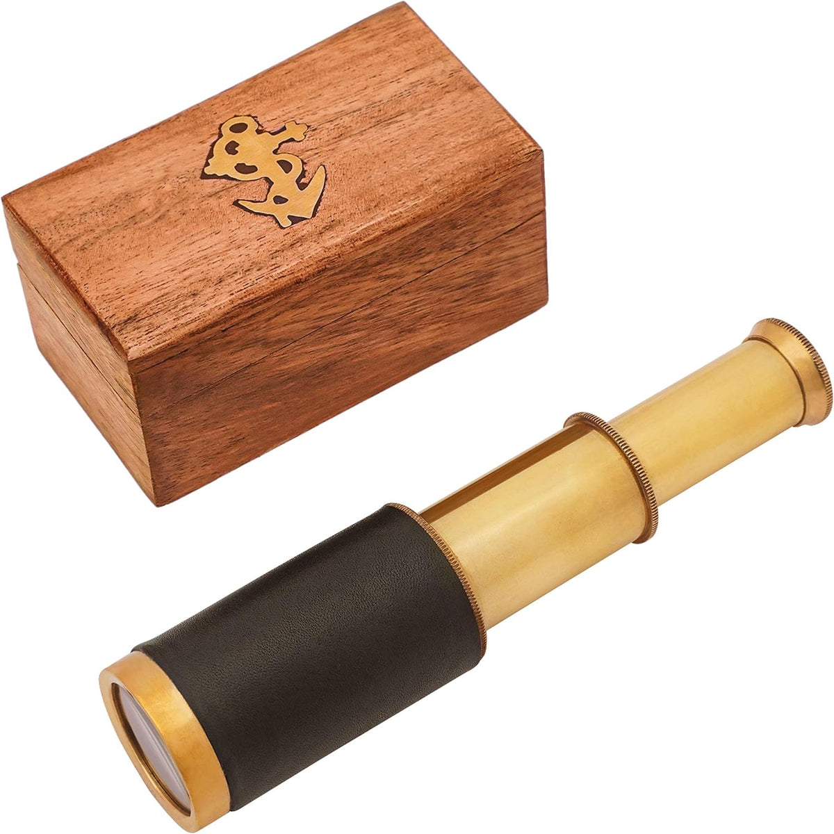 Mythrojan Medieval Brass Telescope with Mini Spyglass,Wooden Box for Reenactment, Cosplay, Steampunk,Nautical Decor - 6 inches, Brass