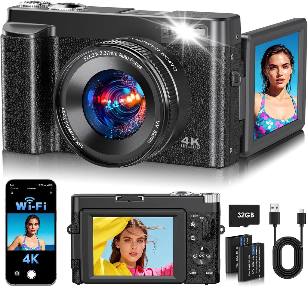 2026 Upgraded 4K Digital Camera 64MP WiFi 180° Flip Screen Autofocus, Black
