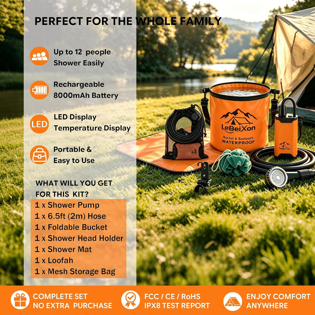 Portable Shower for Camping, Lvl.3 Filter, 12-Person Shower, 1.6GPM, IPX8