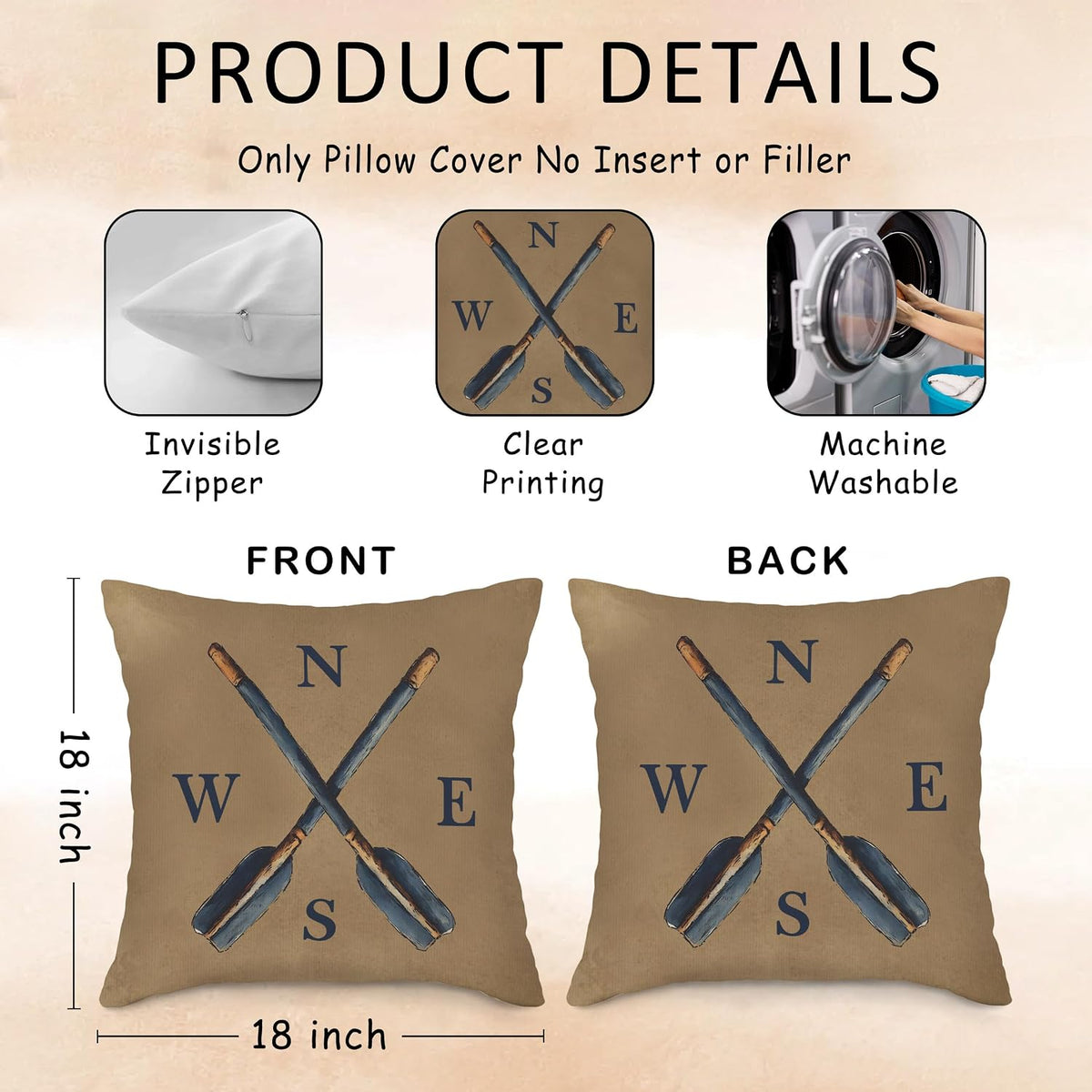 Vintage Lake Paddle Throw Pillow Covers, Rustic Paddles Pillow Case Cover for Sofa Bed Couch, Lake House Decor, Retro Farmhouse Paddle Cushion Cover Case for Bedroom, 18x18 Inch