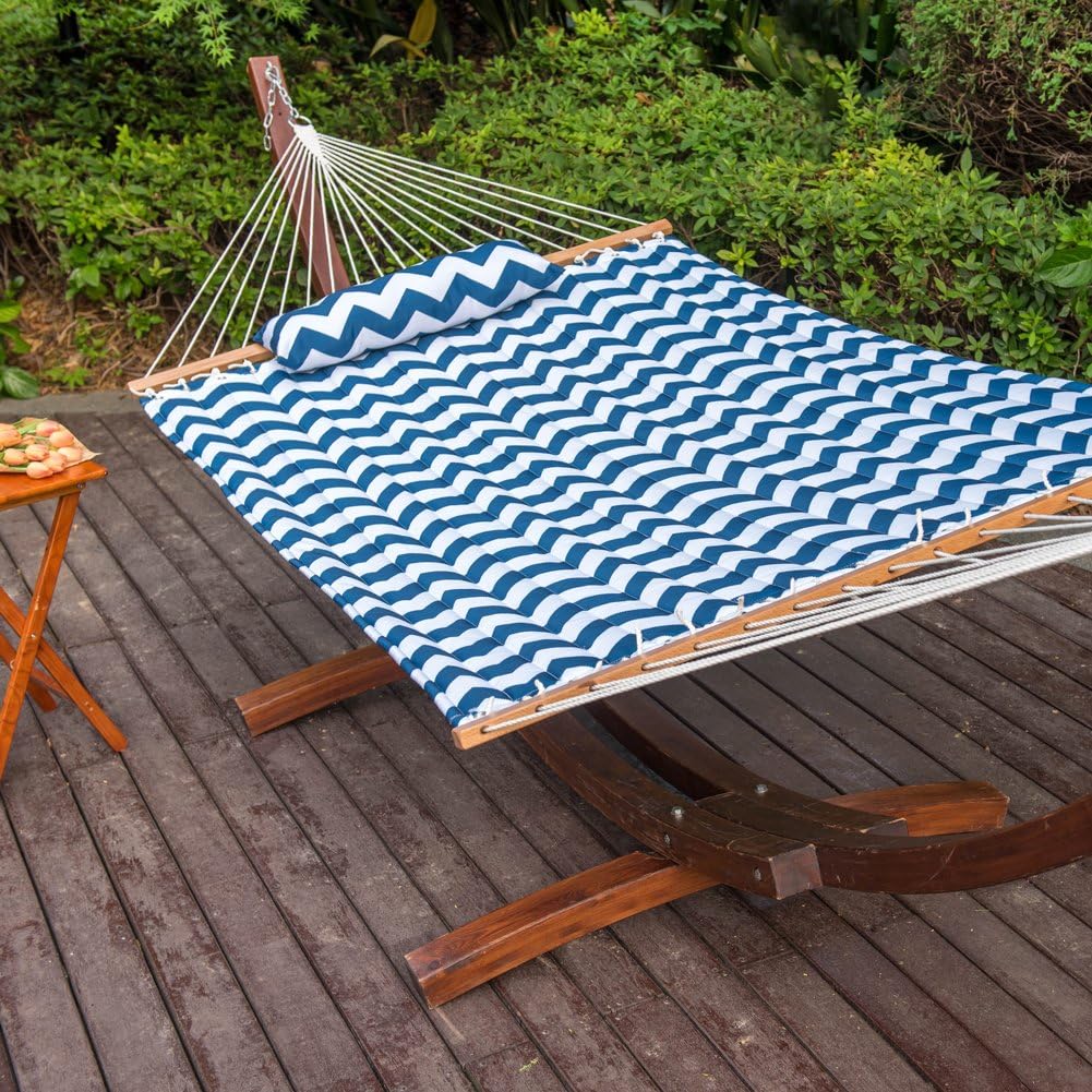 Lazy Daze Double Quilted Hammock with Pillow and Carabiners, Blue Chevron
