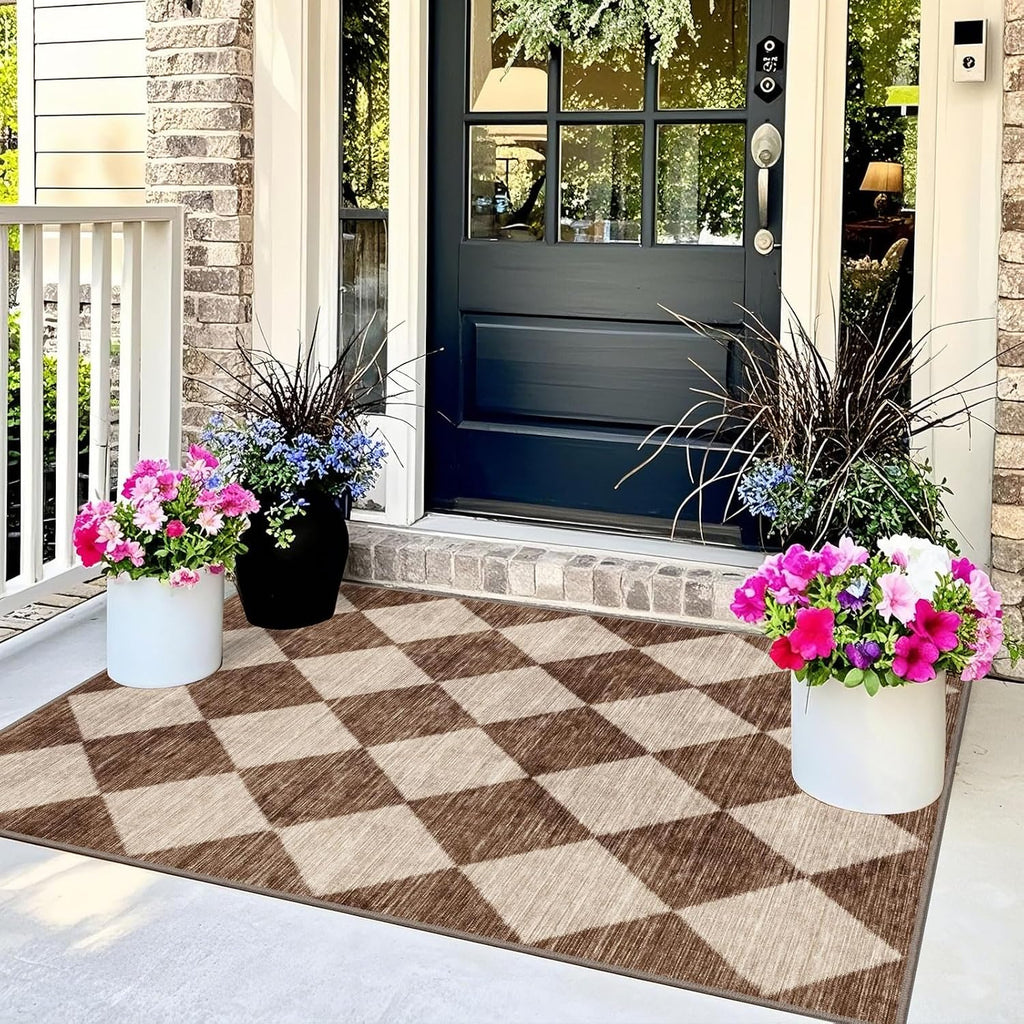Brown Beige Checkered Entry Rug - 3x5 Non-Slip Indoor Outdoor Rugs