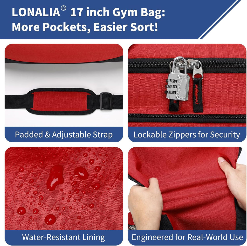 30L Gym Sport Duffle Bag, 17 inch, Red