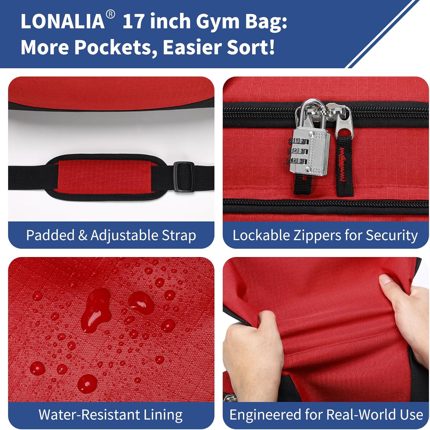 30L Gym Sport Duffle Bag, 17 inch, Red