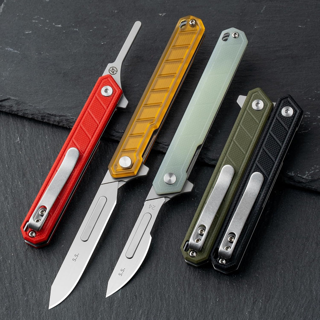 OLITANS G046 Mecha Mini Slim Folding Scalpel with 5pcs #24 and 5pcs #60 G10 Handle with Liner Lock, Utility EDC Pocket Knife with Back Clip（Jade Color）