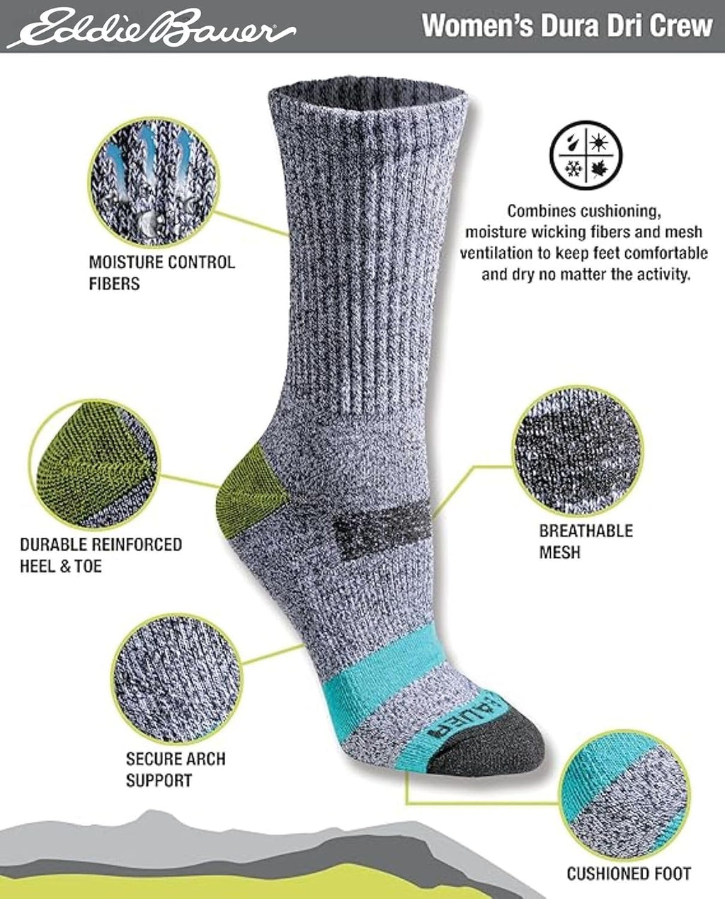 Eddie Bauer Women's Dura Dri Moisture Control 6-pair Crew Socks