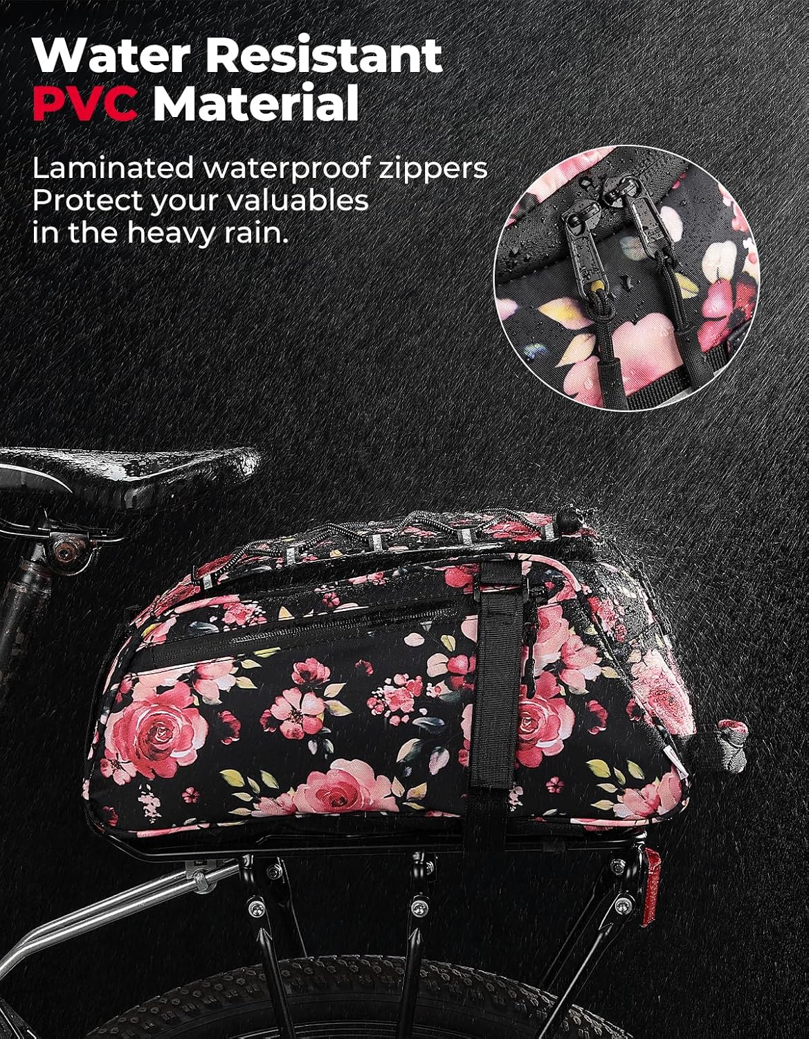 KEMIMOTO Rear Bike Rack Bag, 13L Water-resistant Trunk Bags 3-IN-1, Zippered Bicycle Backpack Shoulder Pannier Saddle Pack for Ebikes Cycling Commuting Travel Outdoor Camping, Pink
