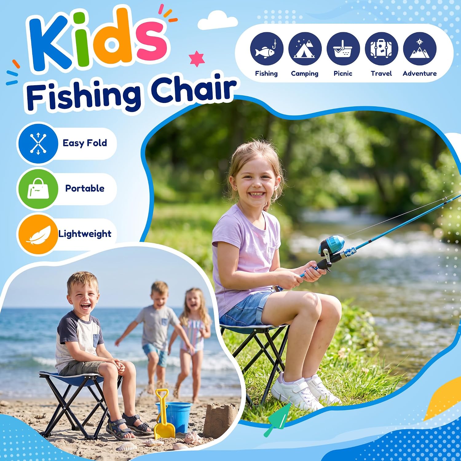ODDSPRO Kids Fishing Pole - Portable Kids Fishing Rod and Reel Combo, Kids Fishing Gear with Tackle Box, Spincast Reel, Collapsible Chair and Bucket, Fishing Pole for Kids Boys Girls Toddler Youth 3+