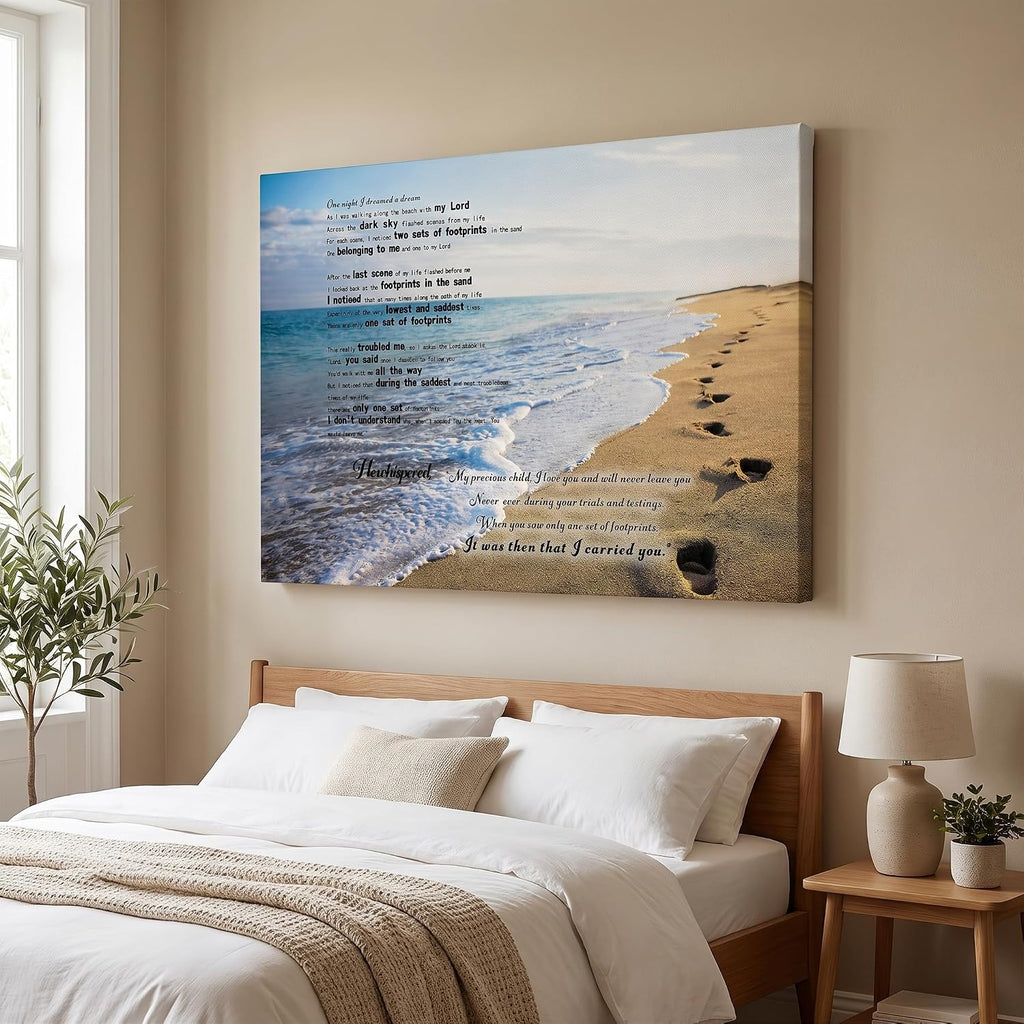 Footprints in the Sand Canvas Prints Wall Art, Footprints in the Sand Wall Art Decor, Inspirational Christian Poem Wall Poster Gift, Beach Picture Wall Art for Living Room Beach Office 28"Hx40"WInches