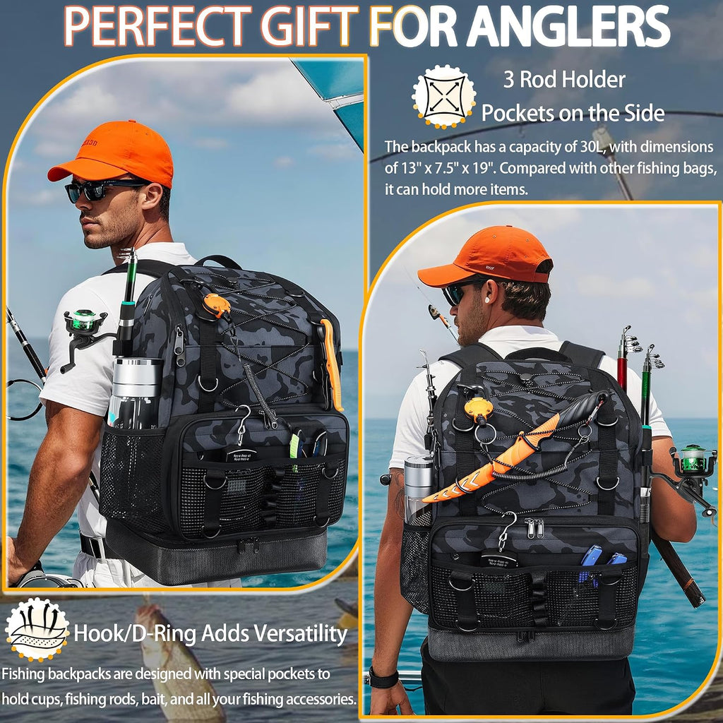 Fishing Backpack with Rod Holder, Heavy Duty Fishing Bag with Waterproof Bottom, Tackle Backpack Gifts for Man Woman-Black Camo