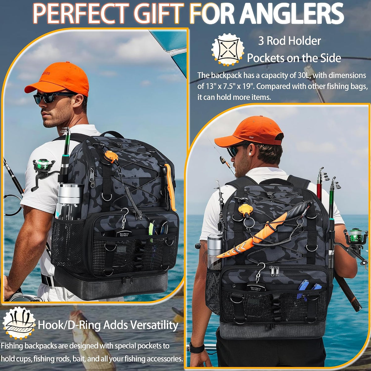 Fishing Backpack with 4 Tackle Boxes, Heavy Duty Fishing Bag with Waterproof Bottom, Tackle Backpack Gifts for Man Woman-Camo Black