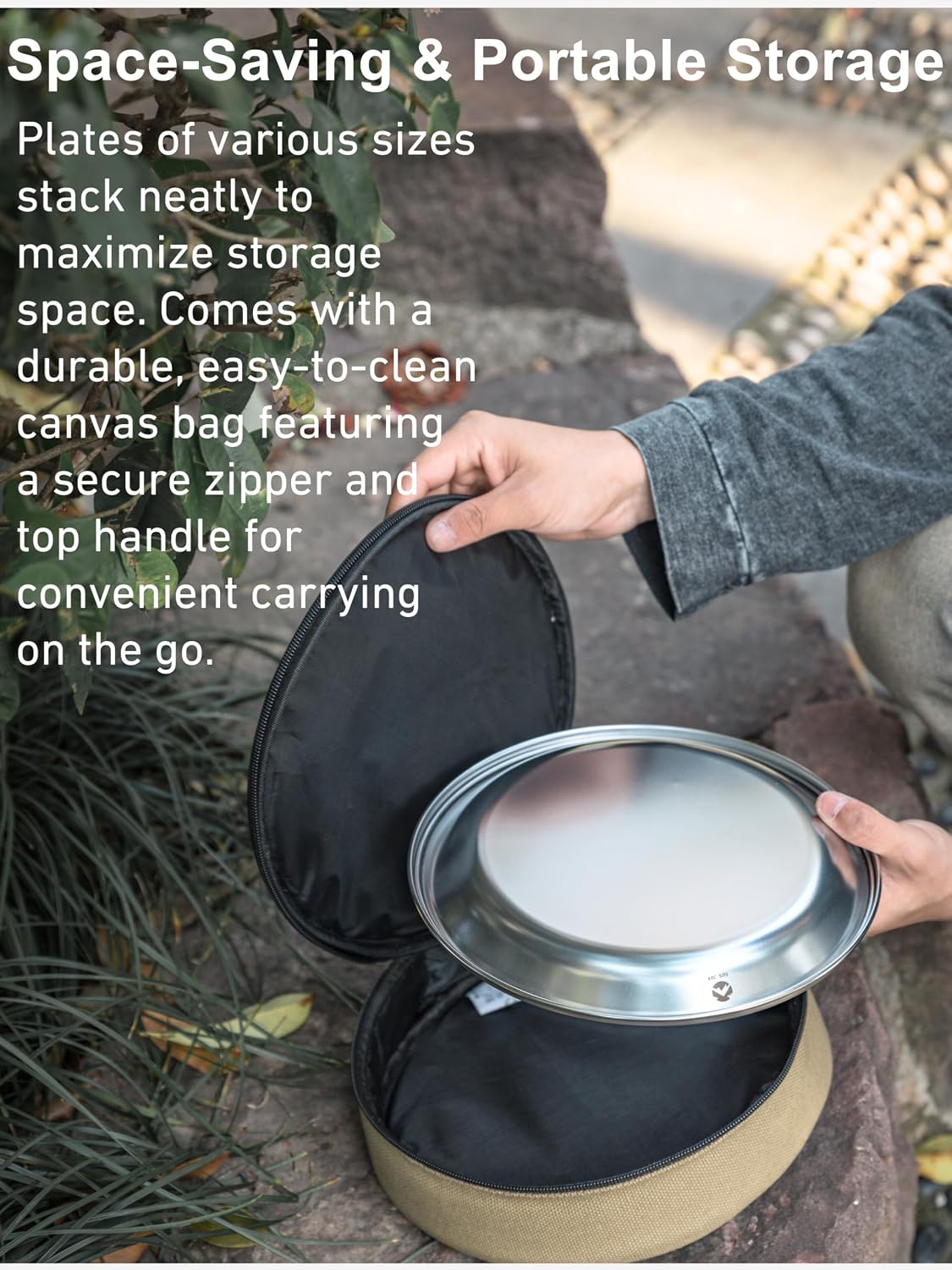 CAMPINGMOON Camping Plates 4 pack set Salad Side Dinner Plate Dishes Outdoor Tableware Stainless Steel with Canvas Case S397-1S