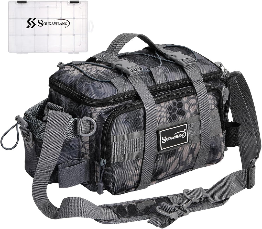 Sougayilang Fishing Tackle Bags with 3600 Tackle Tray - Fishing Tackle Storage Bags for Saltwater or Freshwater Fishing Gear - Padded Shoulder Strap - Tackle Box Bag Fishing Bag(Grey)