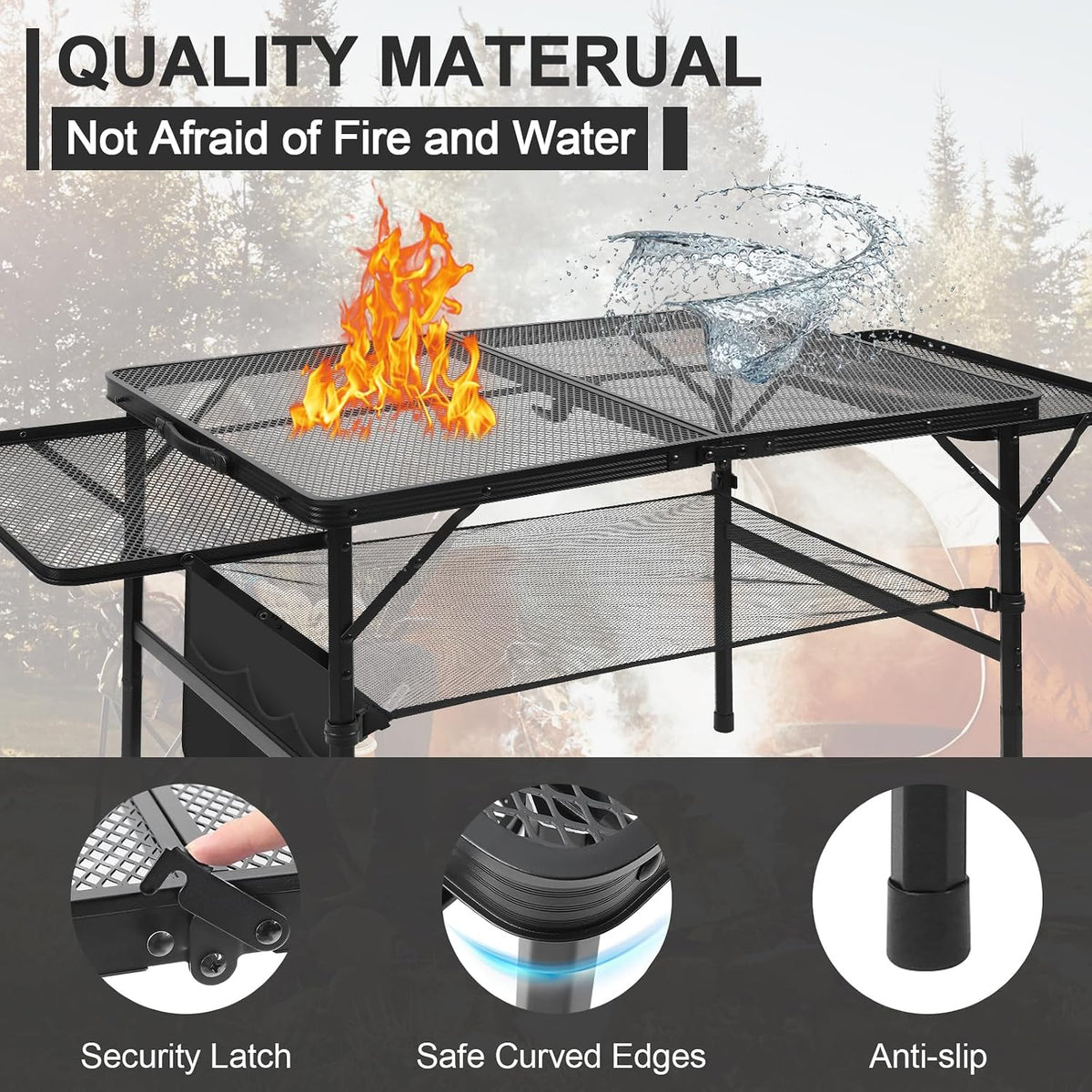 Folding Matel Grill 4.4 FT Camping Table with 2 Wing Panels