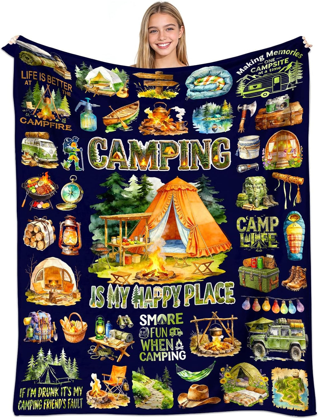 Camping Blanket Cozy Soft Flannel Camp Life Throw Blanket Funny Camping Lover Gift Stuff Merch for Boys Men Adults 50"x40"