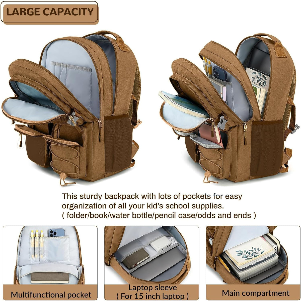 Lohol Water Resistant Backpack for School Travel College Travel, Large Bookbag with Mulitiple Pockets for Men and Women (Brown)