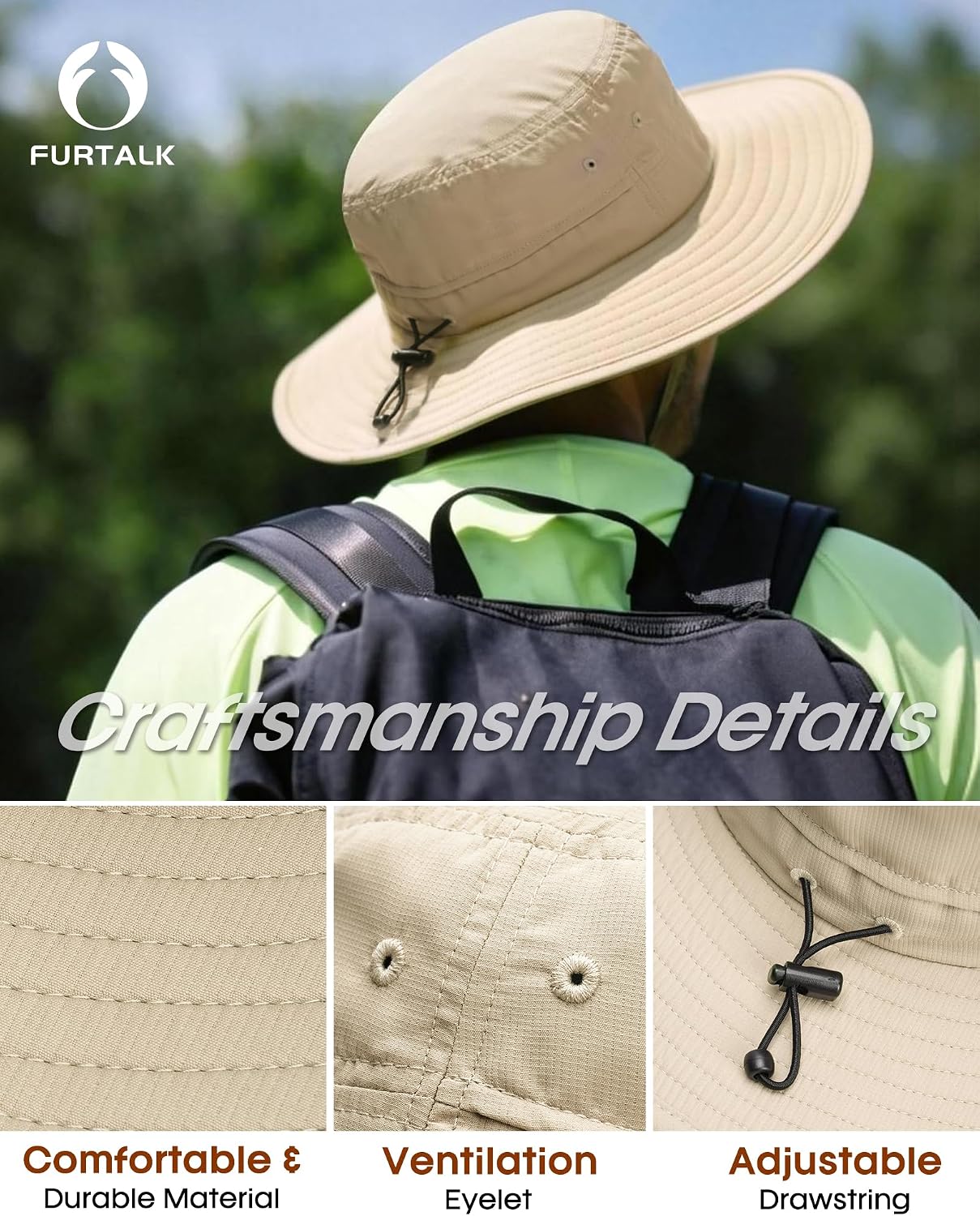 FURTALK Sun Hats for Men Women Packable Wide Brim Summer UV Protective Bucket Hat UPF 50+ Hat for Fishing Hiking