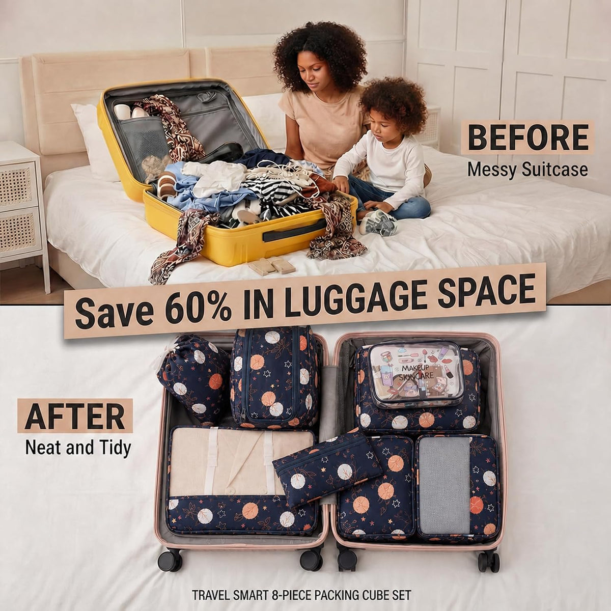 8 Set Packing Cubes for Travel, Durable Luggage Packing Organizers, Carry-On Accessories, TSA Approved See-Through Cubes, Space-Saving Storage Bags, Gifts for Women (Navy Maple Leaf)