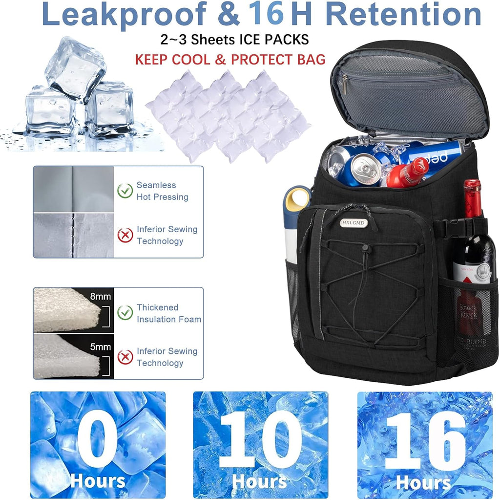 HXLGMD Backpack Coolers Insulated Leak Proof 30 Cans, Soft Sided Insulated Cooler Bags Ice Chest Backpack for Beach Travel Camping, with Reusable Ice Packs