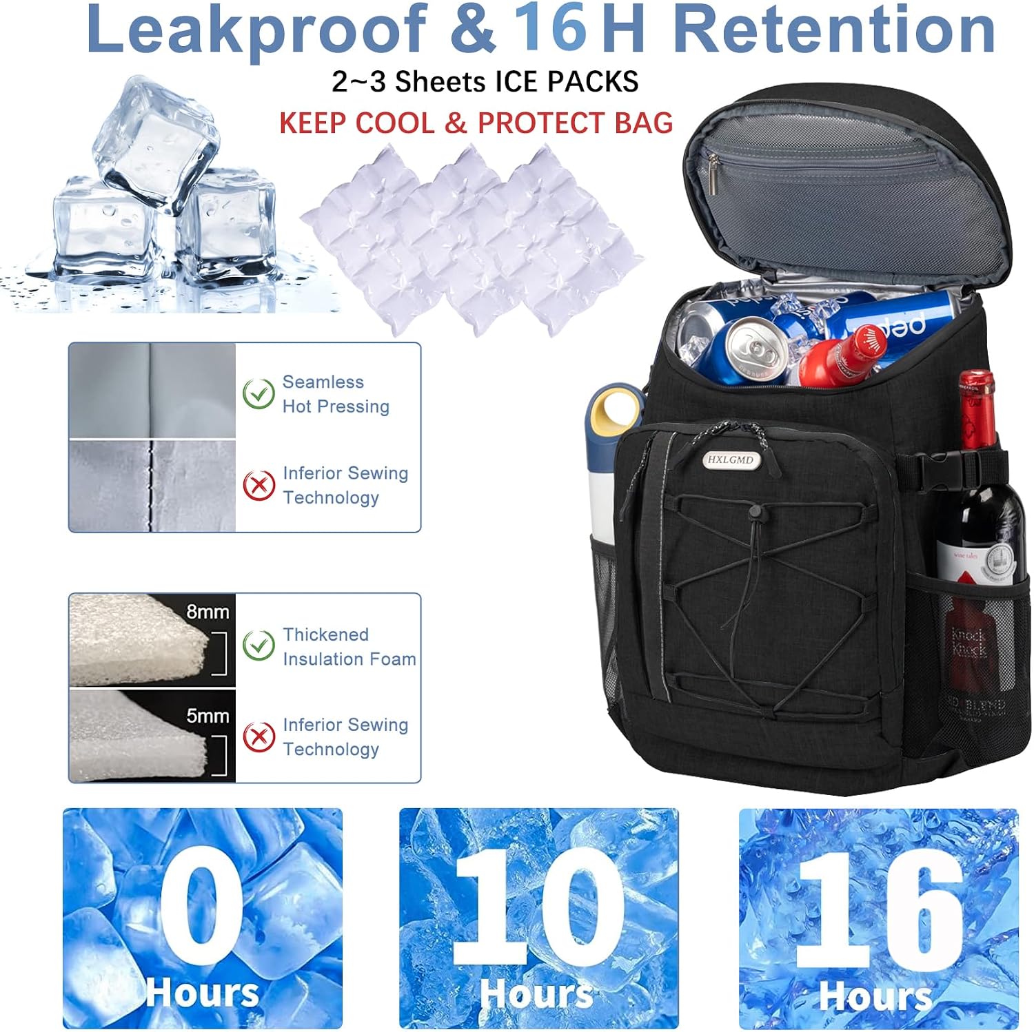 HXLGMD Backpack Coolers Insulated Leak Proof 30 Cans, Soft Sided Insulated Cooler Bags Ice Chest Backpack for Beach Travel Camping, with Reusable Ice Packs