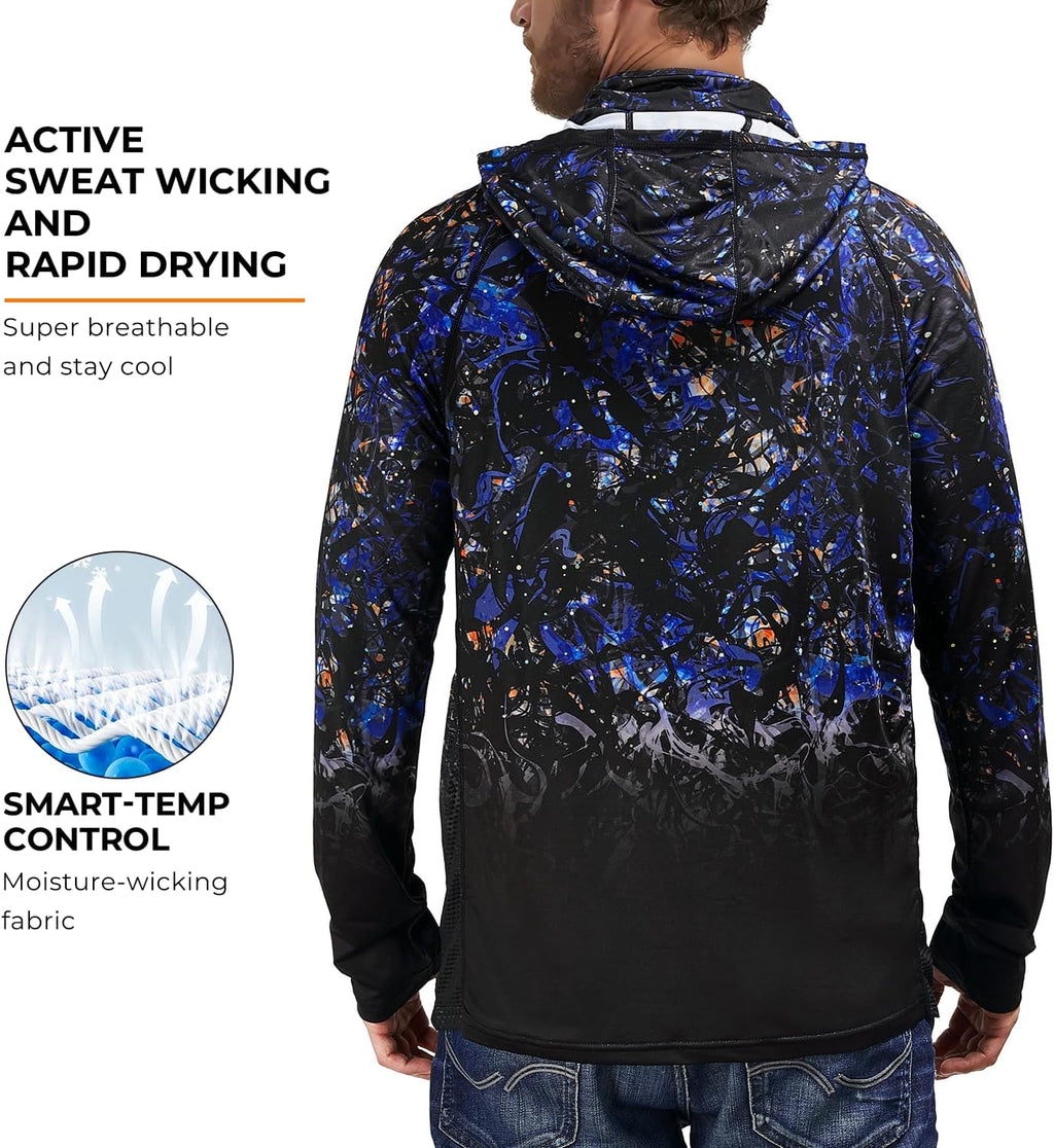 Rodeel UPF 50+ Men’s Long Sleeve Performance Fishing Hiking Shirt with Mask UV Neck Gaiter Hoodie