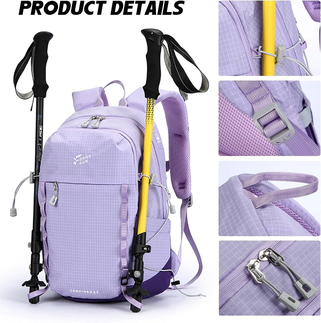 23L Lightweight Hiking Backpack, Travel Daypack with Pole Holder, Purple