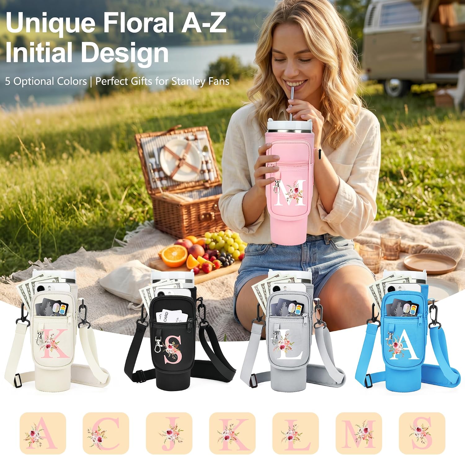 Initial Water Bottle Holder with Strap for Stanley Cup Accessories 40 oz/Simple Modern Tumbler, Birthdays for Women Girls, Water Bottle Carrier Bag with Phone Pocket,Hiking Walking Gym Camping