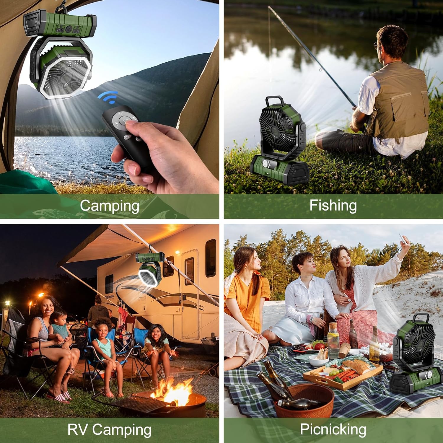Odoland 30000mAh Camping Fan with LED Lantern, Rechargeable Battery Fan | Operated Oscillating Fan with Remote & Hook, Portable Tent Fan with Timer, 4 Speeds for Outdoor Camp RV Power Outage, Green