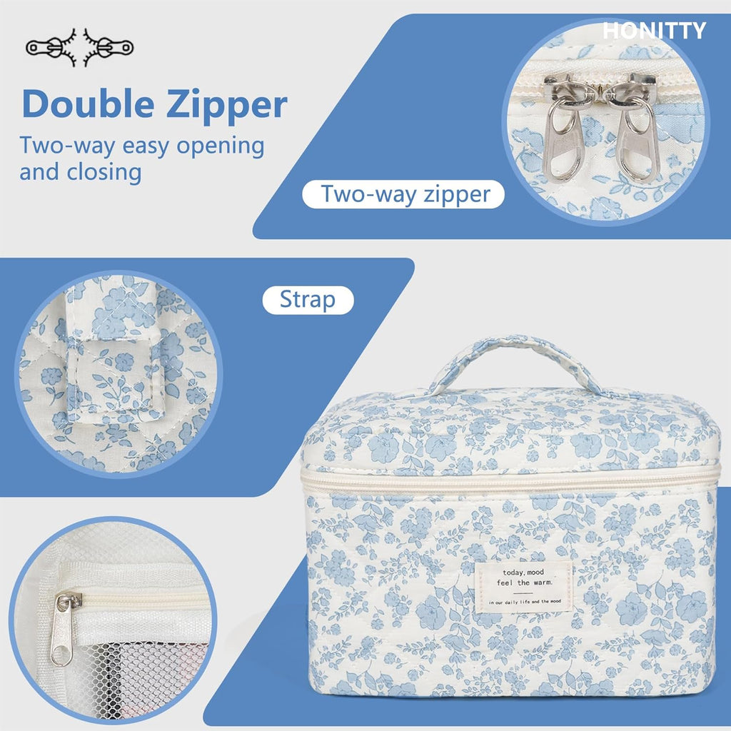 Makeup Bag,Quilted Cosmetic Bag,Large Floral Make Up Bag for Women,Cotton Makeup Bag Set,Flower Travel Toiletry Bag