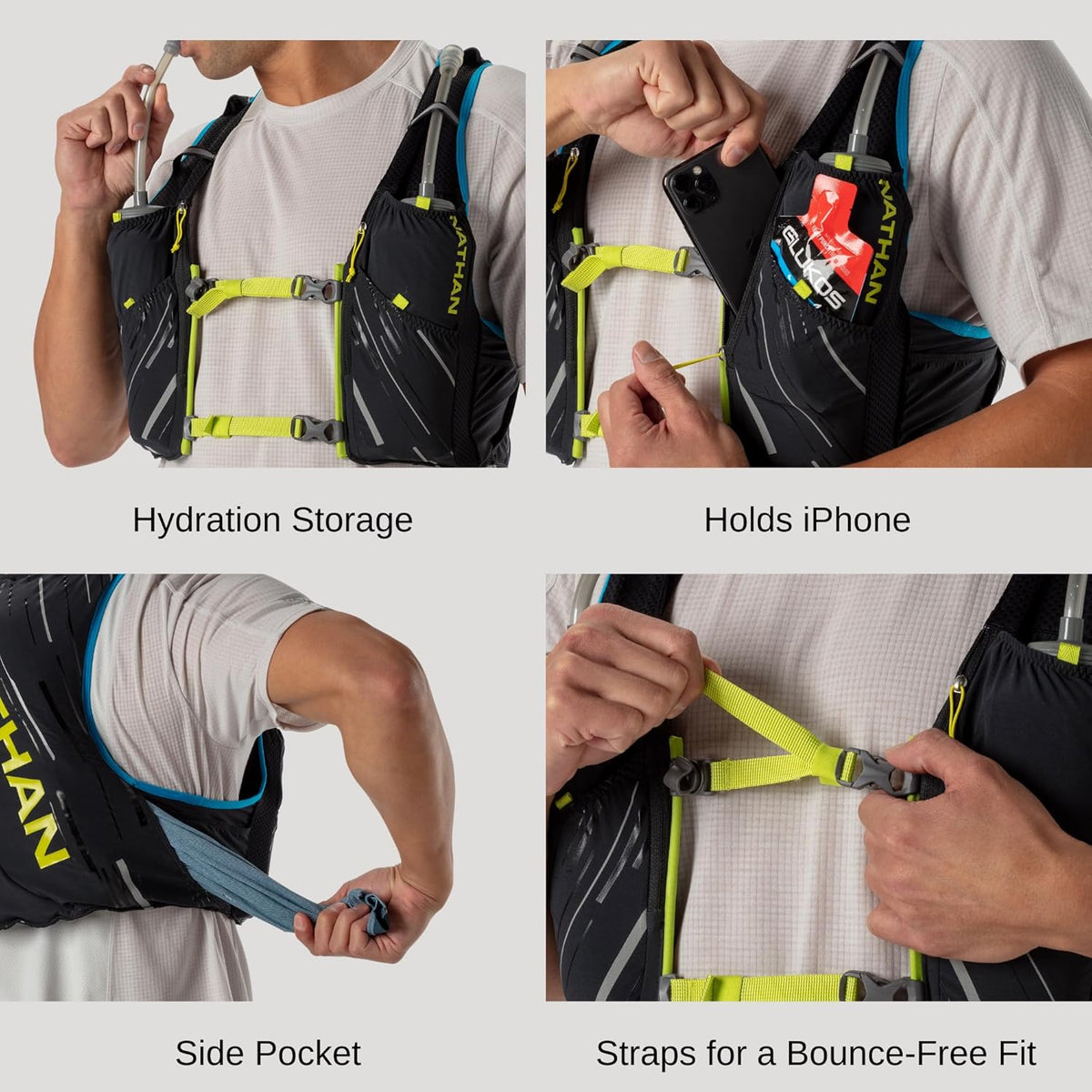 Nathan Men's Pinnacle Race Vest 4L Hydration Pack, Two 20 oz Soft Flasks, Running, Hiking, Water-Resistant, Moisture Wicking, Adjustable Straps
