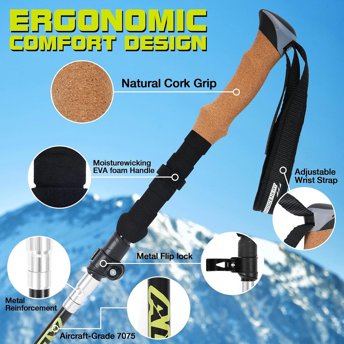 Collapsible Trekking Poles for Hiking-Lightweight Adjustable Walking Sticks with 7075 Aluminum,Anti-Shock,Quick Lock&Cork Grips for Men/Women, Camping, Backpacking, Mountaineering, 2 Pcs