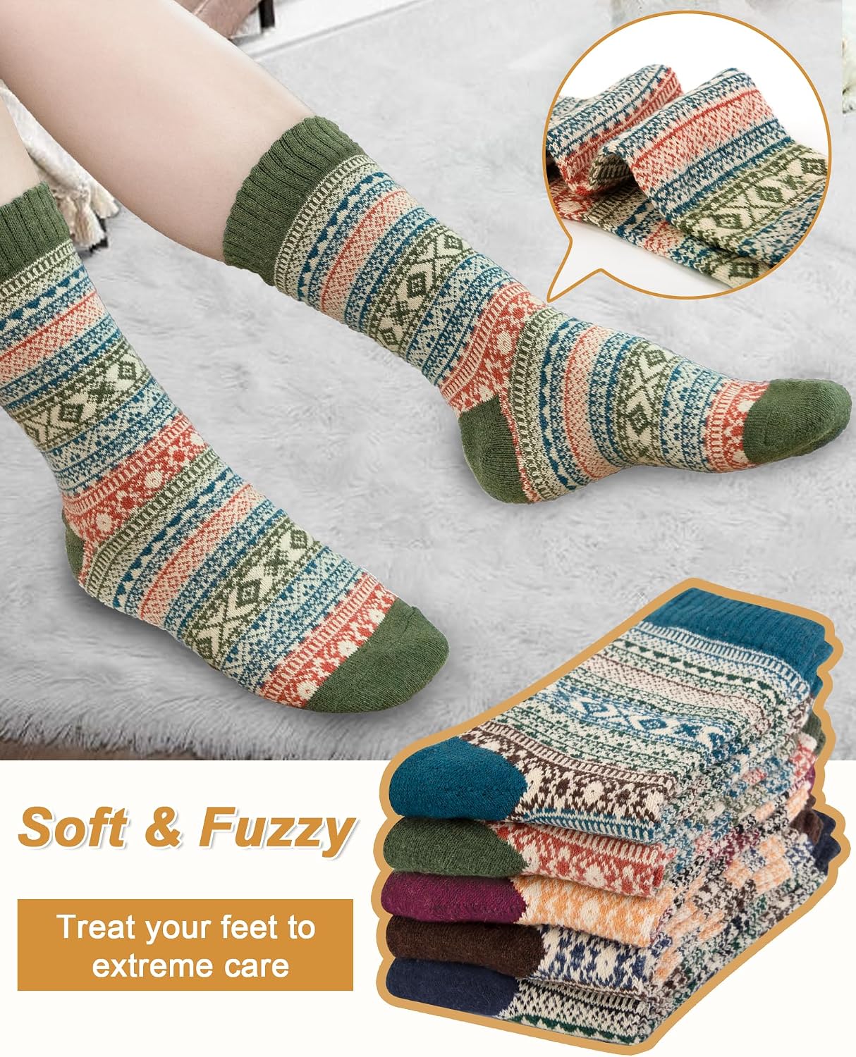 Senker Fashion Wool Socks for Women, 5 Pairs Winter Warm Crew Boot Socks