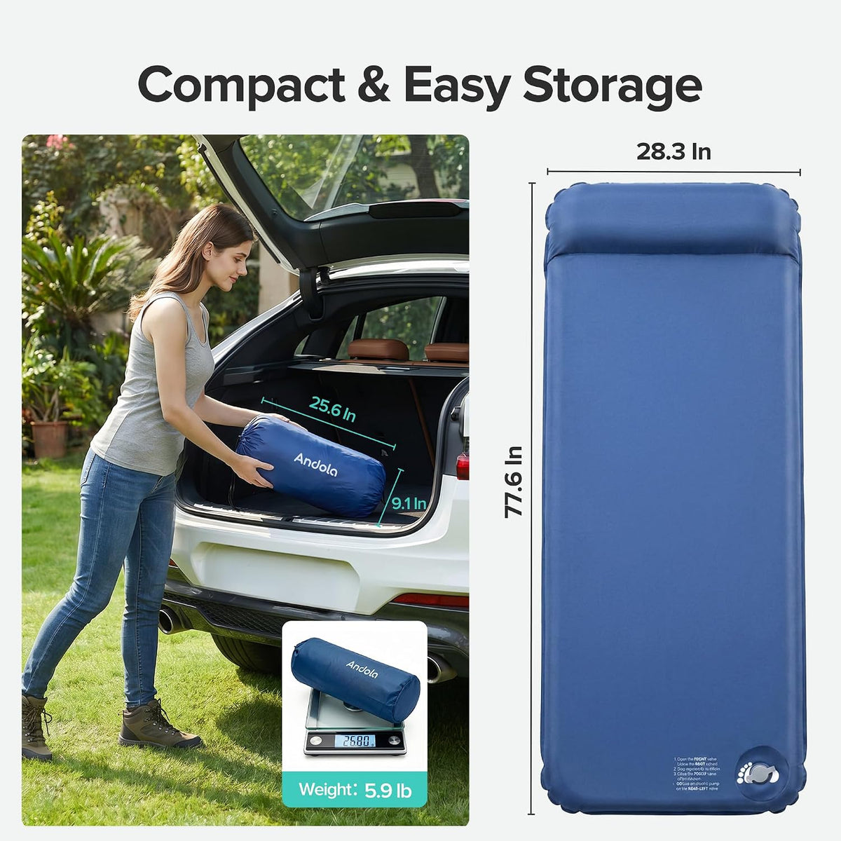 Self-Inflating Sleeping Pad, Foam Camping Mattress with Pillow
