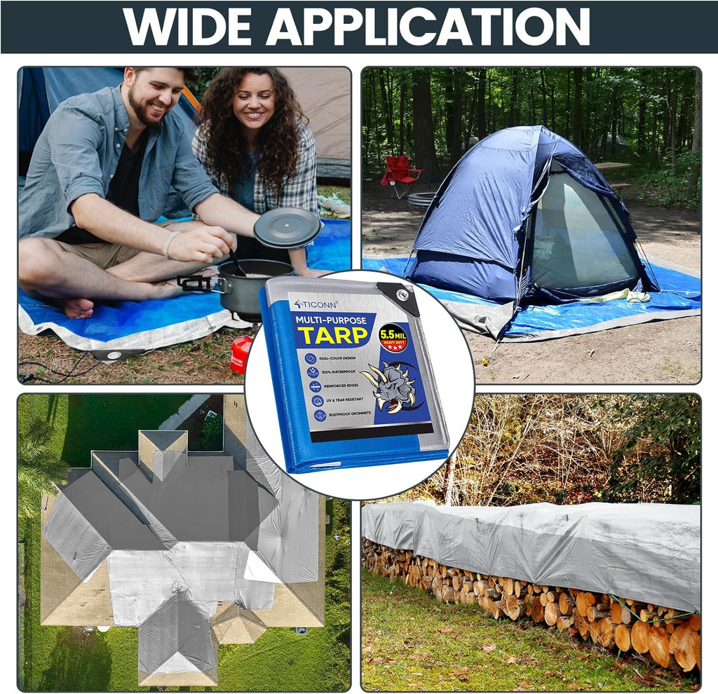 TICONN Heavy Duty Tarp Cover Waterproof, Extra Thick UV Resistant Tarpaulin
