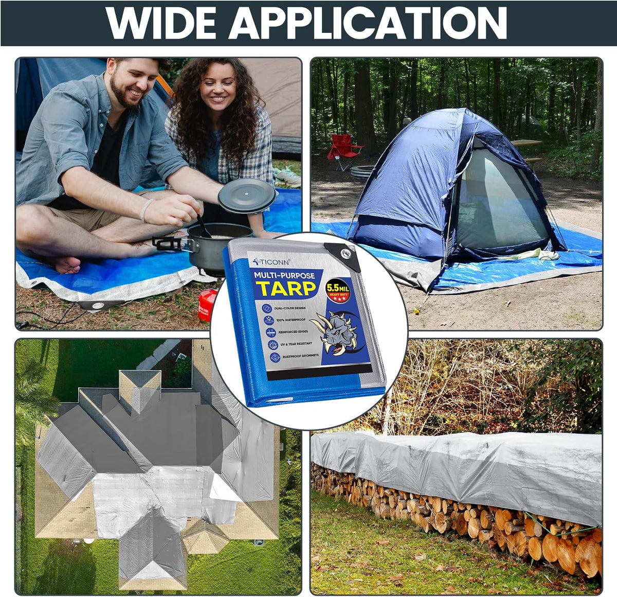 TICONN Heavy Duty Tarp Cover Waterproof, Extra Thick UV Resistant Tarpaulin