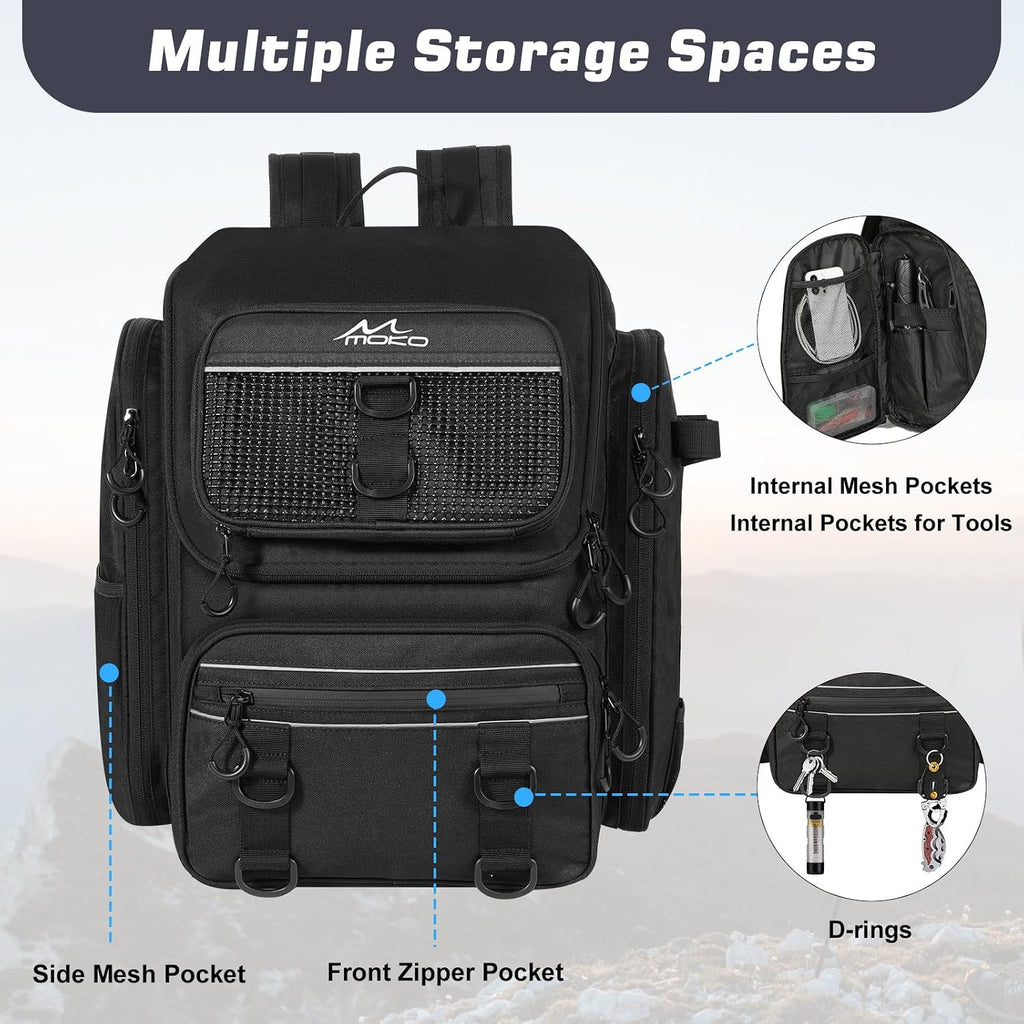 MoKo Large 40L Fishing Tackle Backpack with Rod Holders & Bait Binder