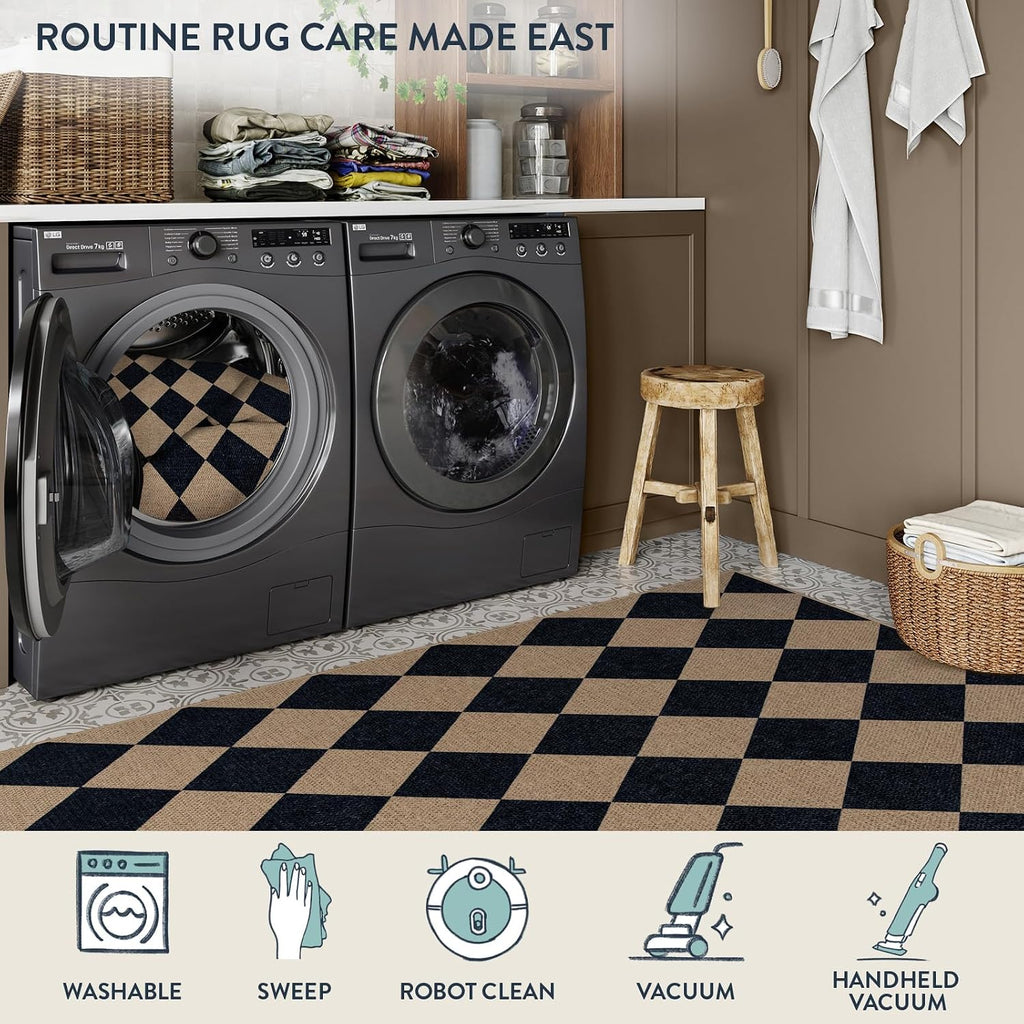 Lahome Checkered Easy Jute 5x7 Outdoor Rug, Washable Rugs for Living Room