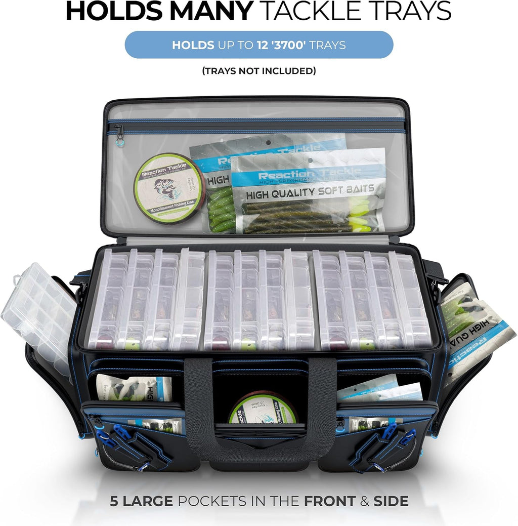 Reaction Tackle Saltwater Fishing Tackle Bags, Water Resistant 1000D PVC Tackle Box Bag with Removable Dividers, Fits 3600 and 3700 Trays, XL