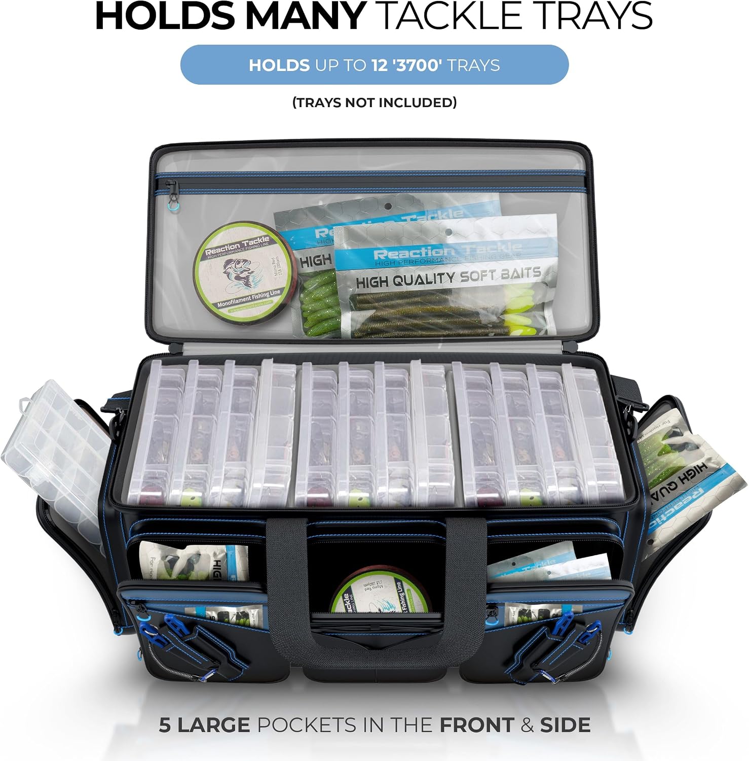 Reaction Tackle Saltwater Fishing Tackle Bags, Water Resistant 1000D PVC Tackle Box Bag with Removable Dividers, Fits 3600 and 3700 Trays, XL