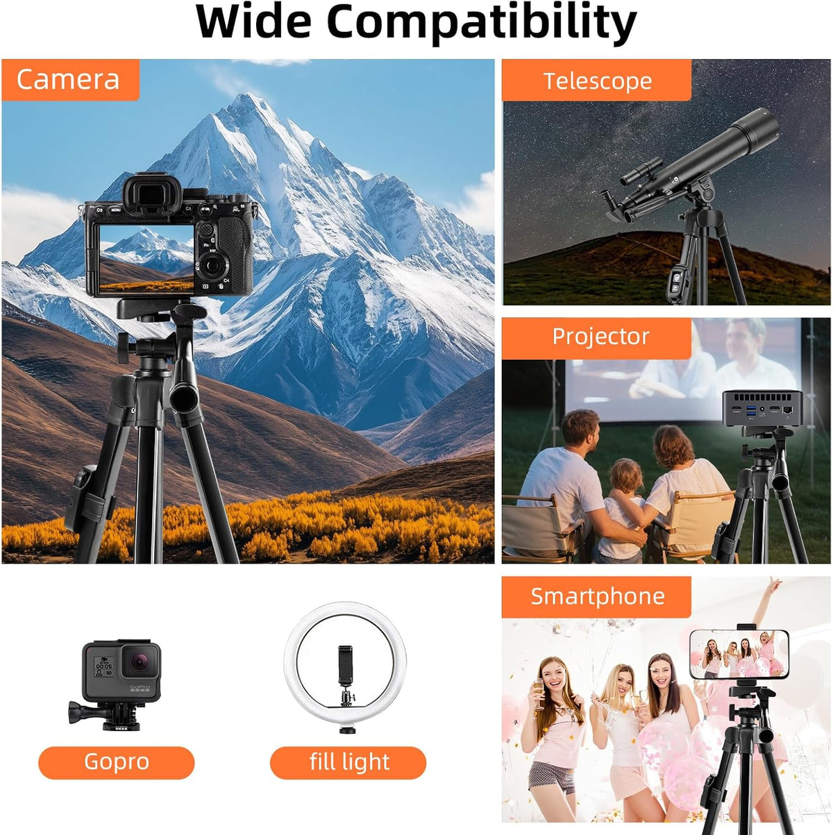 Fotopro Camera Tripod, 51'' Lightweight Portable Travel Tripods for Camera and Phone with 3-Way Head Remote Control Cellphone Holder Travel Bag, Aluminum Phone Tripod Stand for Recording LiveStreaming