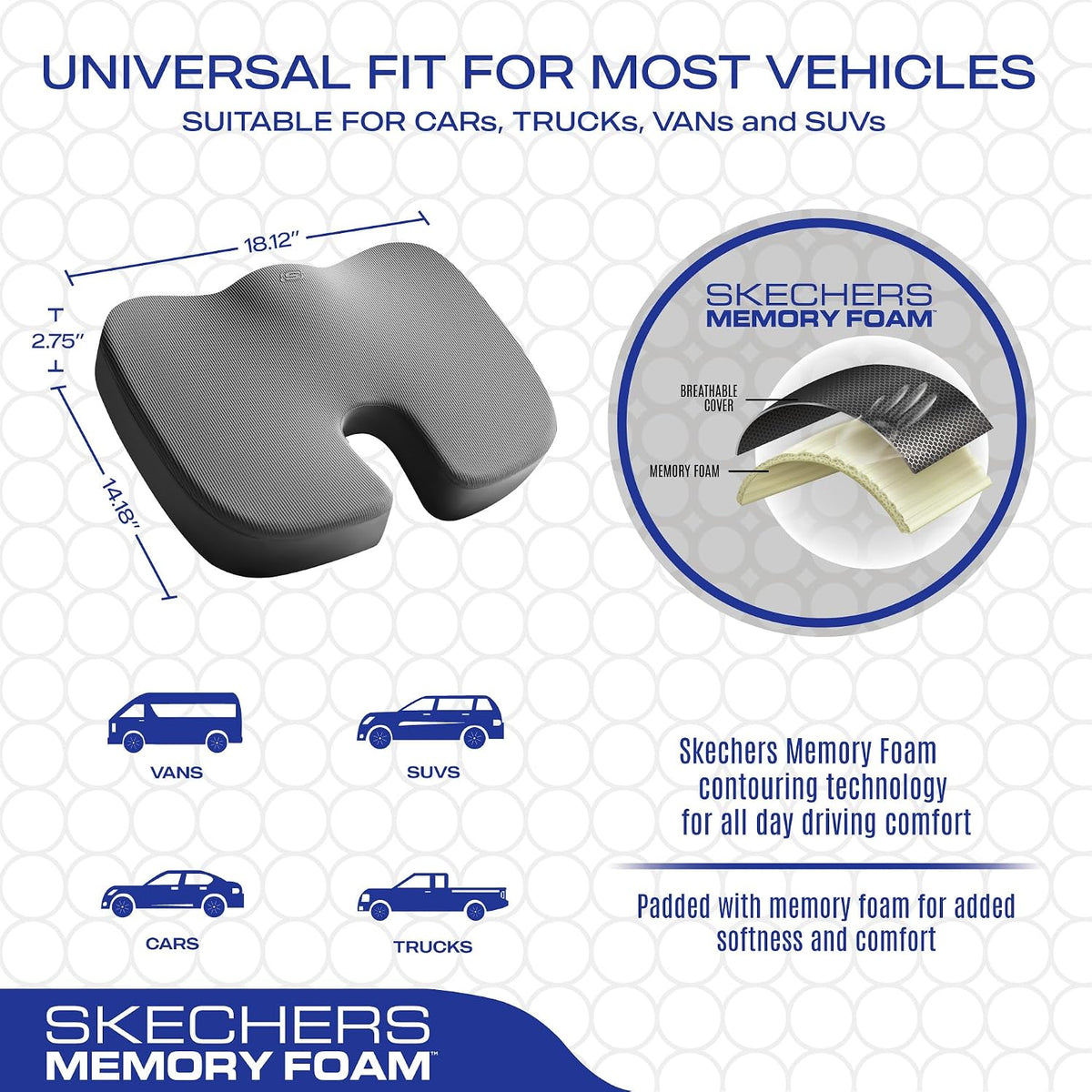 Skechers Memory Foam Seat Cushion,Office Chair Cushion for Tailbone Pain Relief,Butt Pillow for Office Chair,Car seat Cushion,Computer Desk,Long Sitting Office Workers,and Car Drivers,Grey