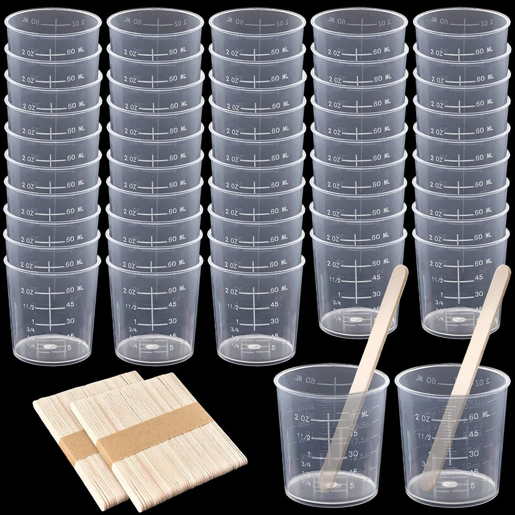 Coopay 50 Pack 30ml/1oz Plastic Graduated Cups Transparent Scale Clear Epoxy Mixing Cup with 100 Pack Wooden Stirring Sticks for Resin, Epoxy, Stain, Mixing Paint