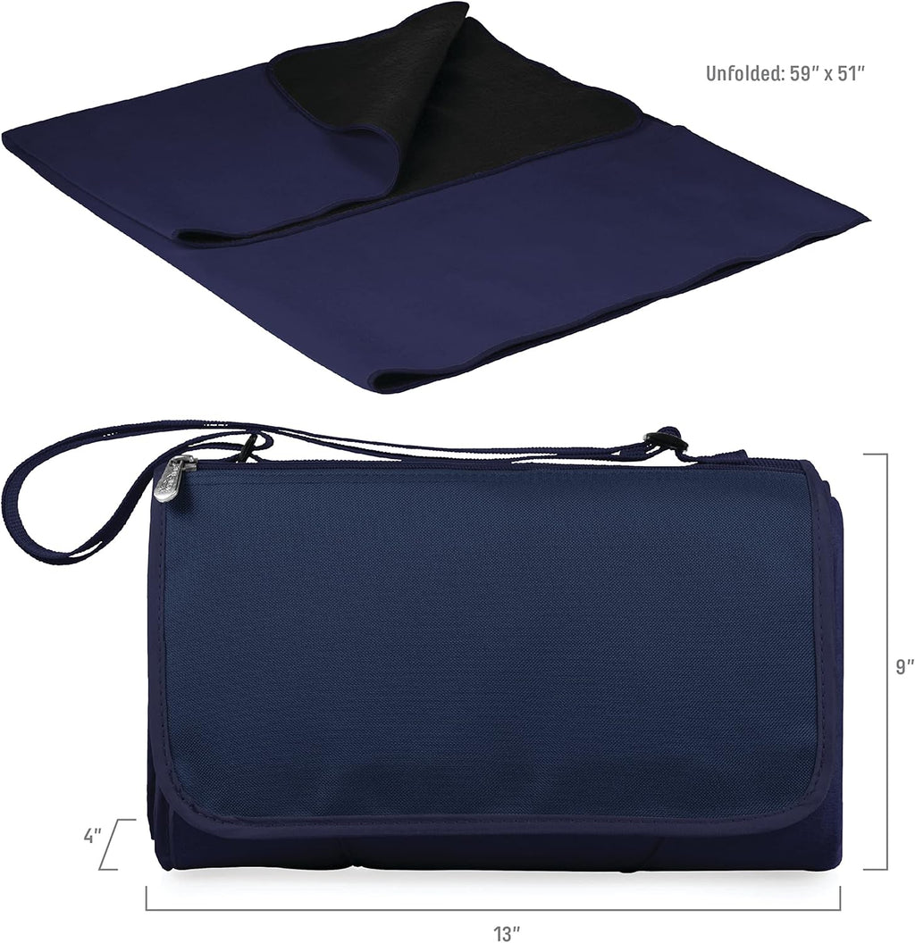 PICNIC TIME Outdoor Picnic Blanket Tote, 59"x51" Foldable Beach & Camping Blanket with Soft Fleece, Water-Resistant Bottom, Adjustable Strap & Zippered Pocket (Navy Blue with Blue Flap)